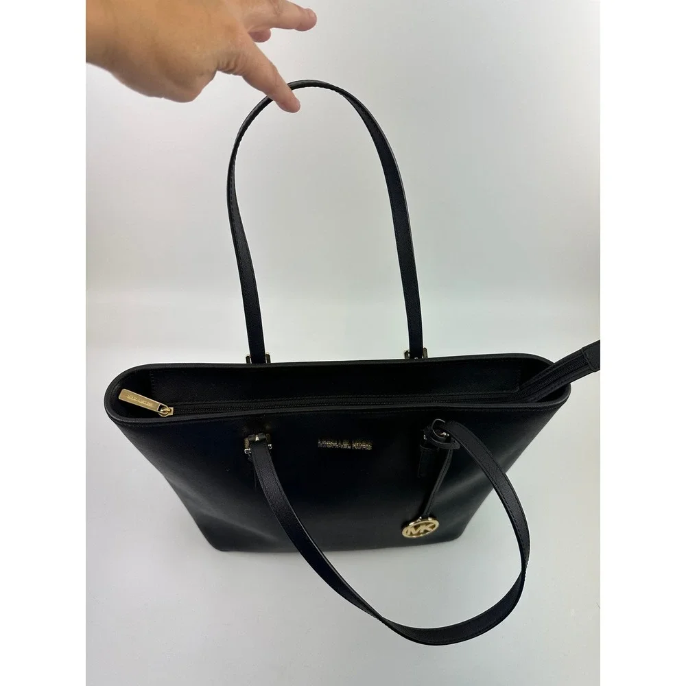 Michael Kors Jet Set Travel Tote Black Saffiano Leather Bag Large Zip 38F7GTVT3L